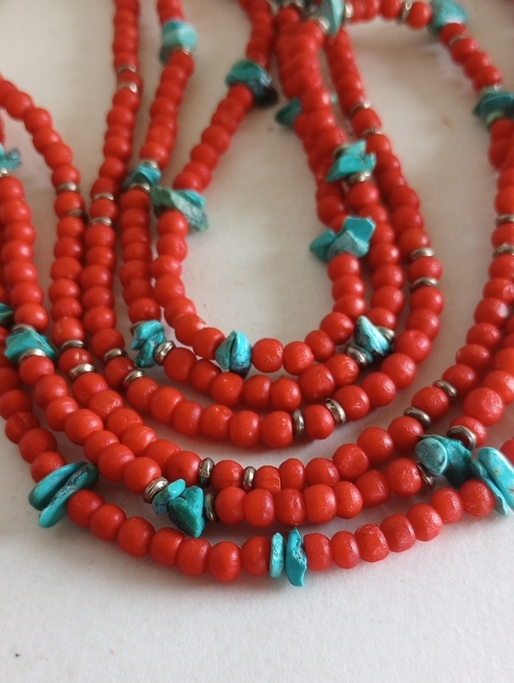 Vintage Sterling Silver Red Sponge Coral Turquioise Three Strands Necklace 20"